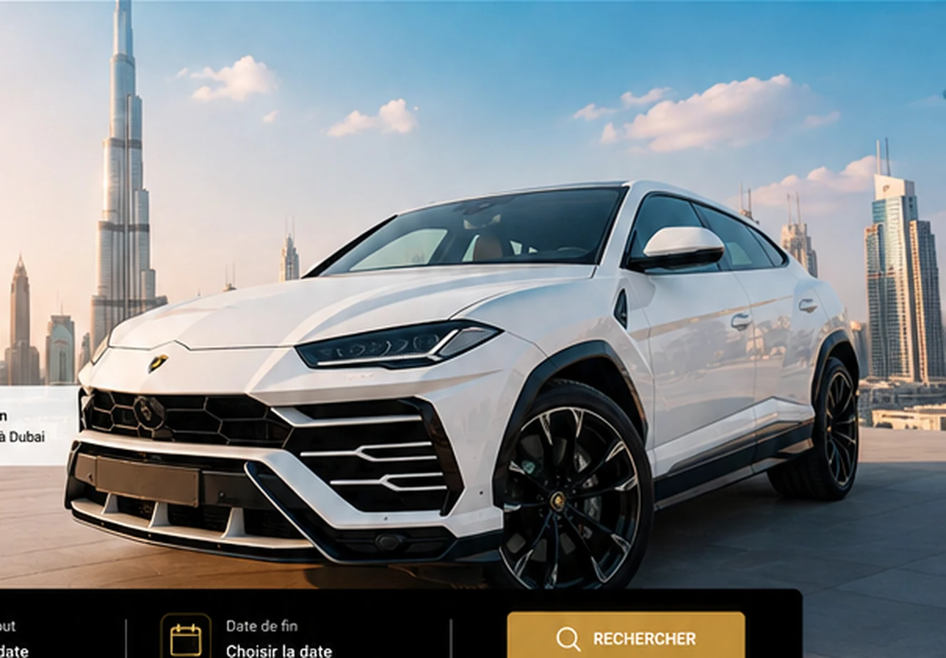 Voiture de luxe devant la skyline de Dubaï